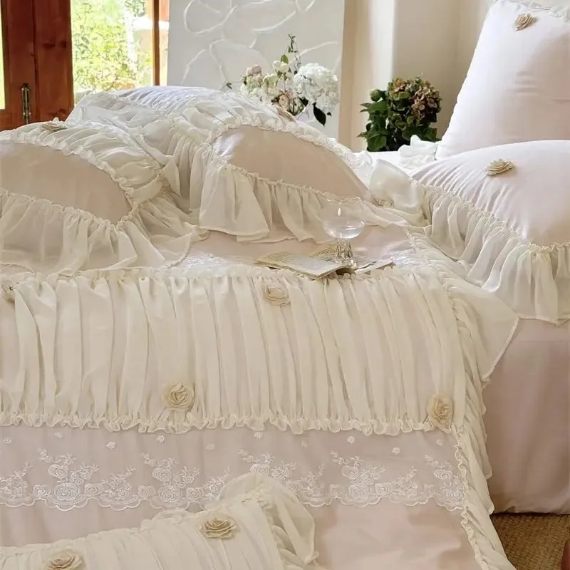 Flytonn-Pink 1000TC Egyptian Cotton Rose Lace Ruffles Princess Wedding Bedding Set 1 Duvet Cover, 1 Flat/Fitted Bed Sheet, 2 Pillowcases