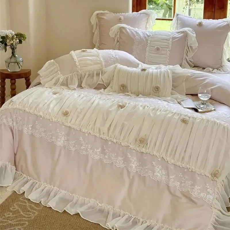 Flytonn-Pink 1000TC Egyptian Cotton Rose Lace Ruffles Princess Wedding Bedding Set 1 Duvet Cover, 1 Flat/Fitted Bed Sheet, 2 Pillowcases