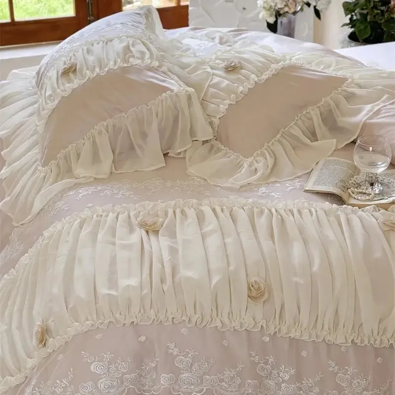 Flytonn-Pink 1000TC Egyptian Cotton Rose Lace Ruffles Princess Wedding Bedding Set 1 Duvet Cover, 1 Flat/Fitted Bed Sheet, 2 Pillowcases