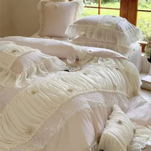 Flytonn-Pink 1000TC Egyptian Cotton Rose Lace Ruffles Princess Wedding Bedding Set 1 Duvet Cover, 1 Flat/Fitted Bed Sheet, 2 Pillowcases