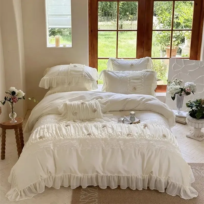 Flytonn-Pink 1000TC Egyptian Cotton Rose Lace Ruffles Princess Wedding Bedding Set 1 Duvet Cover, 1 Flat/Fitted Bed Sheet, 2 Pillowcases