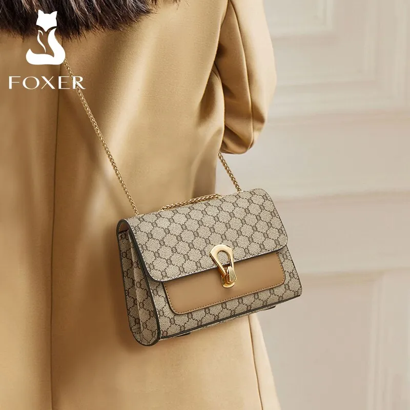 FOXER Chain Flap Bag Vintage Shoulder Bag 2023 Monogram Women Travel Crossbody Bag PVC Material Lady Mini Shopping Messenger Bag