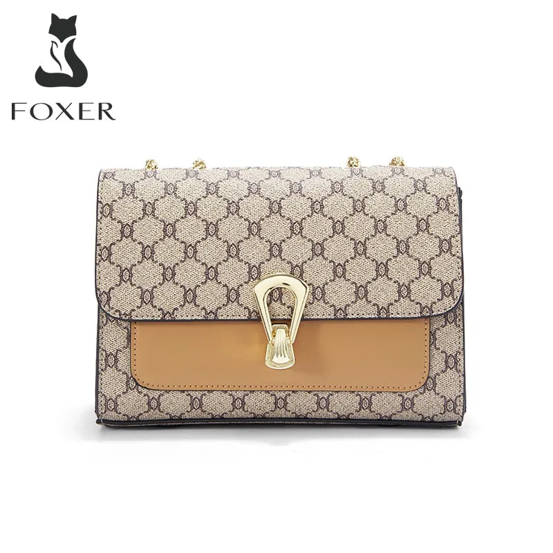 FOXER Chain Flap Bag Vintage Shoulder Bag 2023 Monogram Women Travel Crossbody Bag PVC Material Lady Mini Shopping Messenger Bag