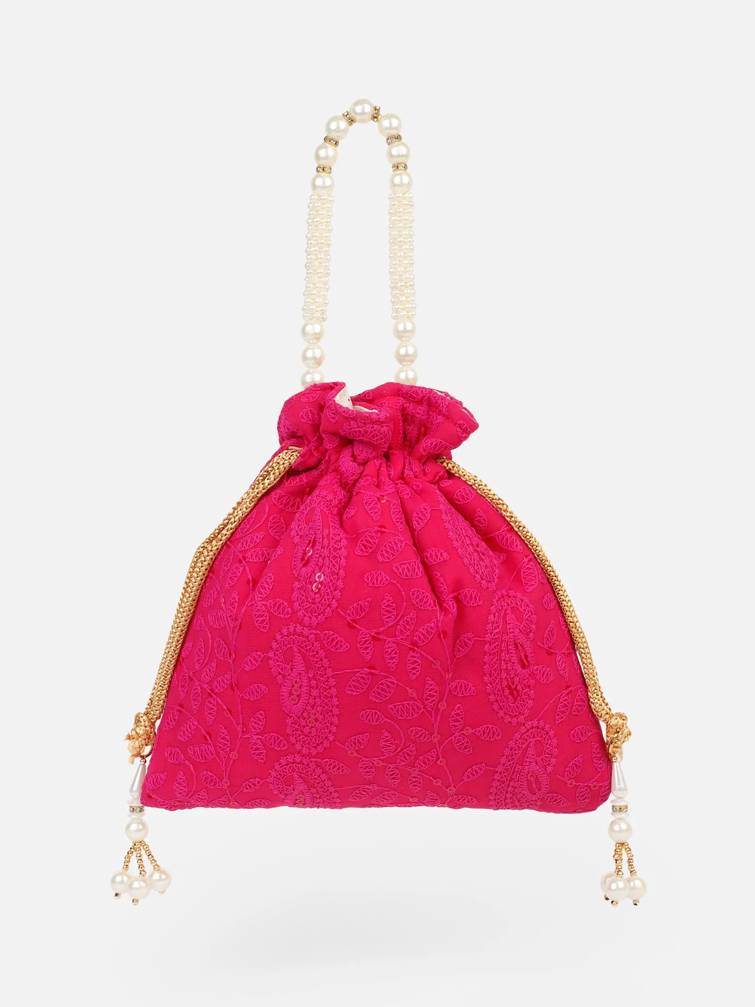 Fuchsia pink chikankari potli bag