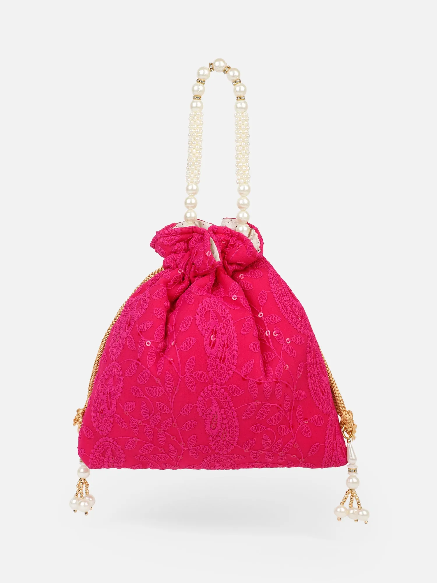 Fuchsia pink chikankari potli bag