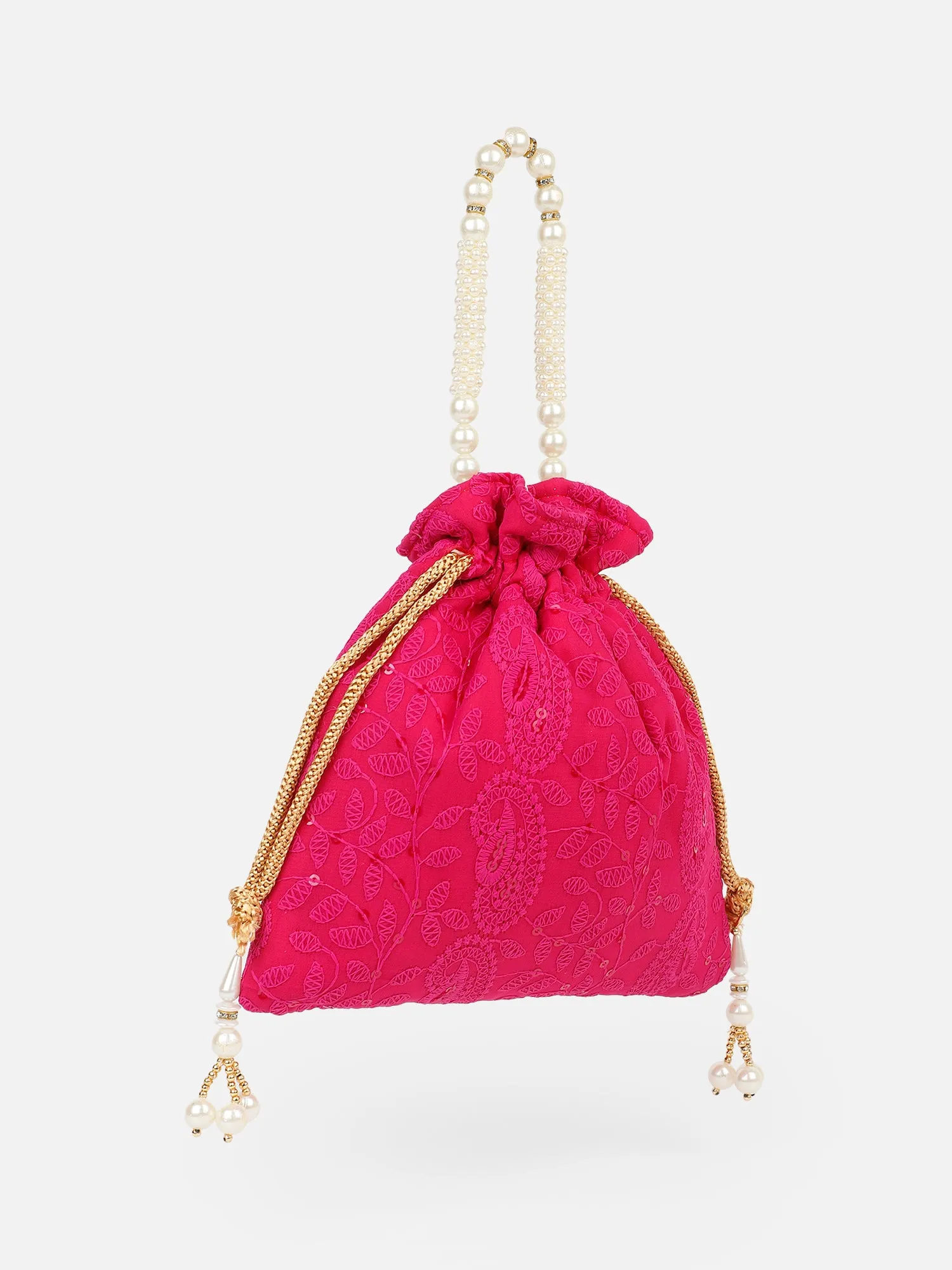 Fuchsia pink chikankari potli bag