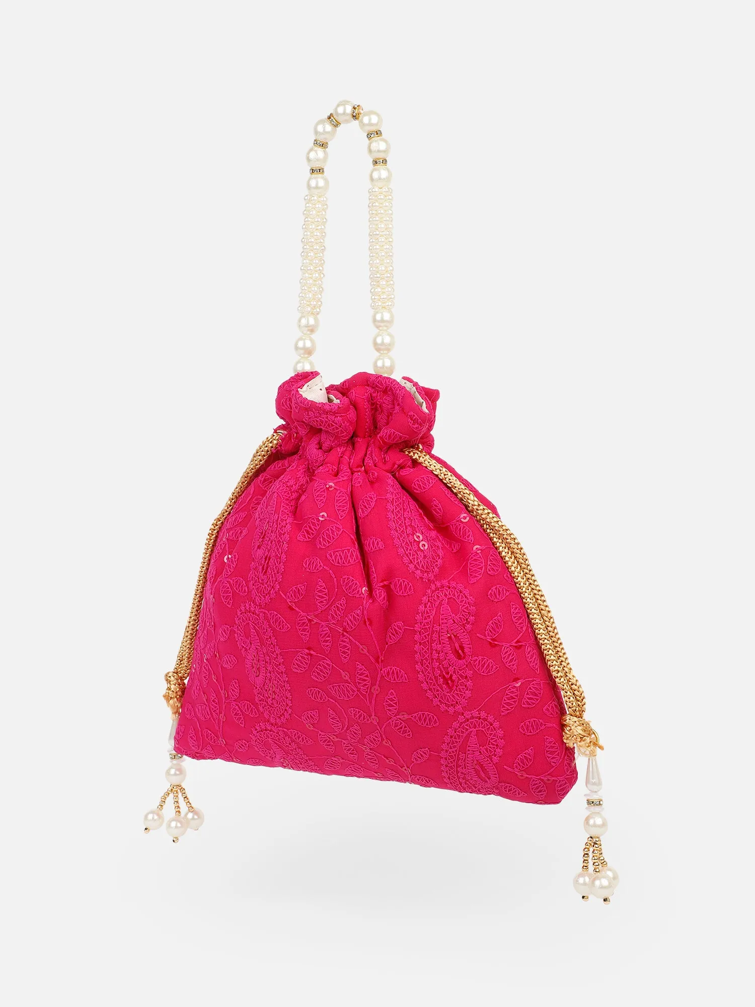 Fuchsia pink chikankari potli bag