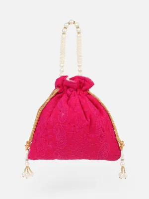 Fuchsia pink chikankari potli bag