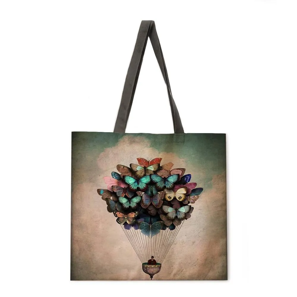 Girl's Magic Flower Fantasy Linen Shopping Bag Ladies Shoulder Bag Foldable Shopping Bag Fashion Beach Bag Handbag