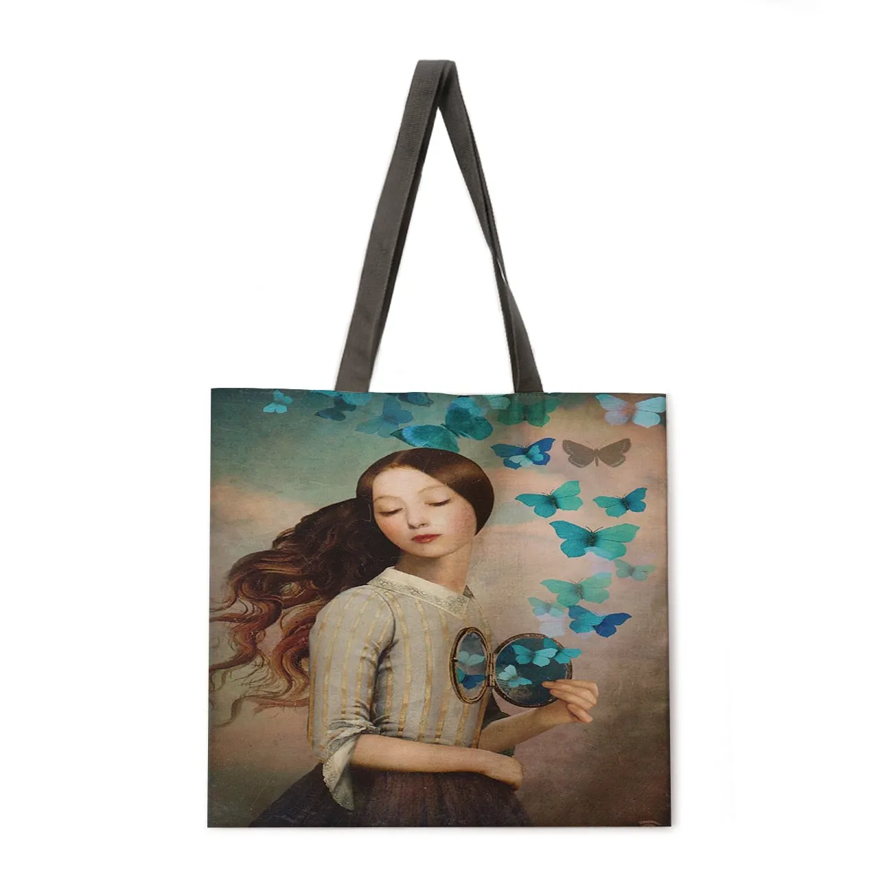 Girl's Magic Flower Fantasy Linen Shopping Bag Ladies Shoulder Bag Foldable Shopping Bag Fashion Beach Bag Handbag
