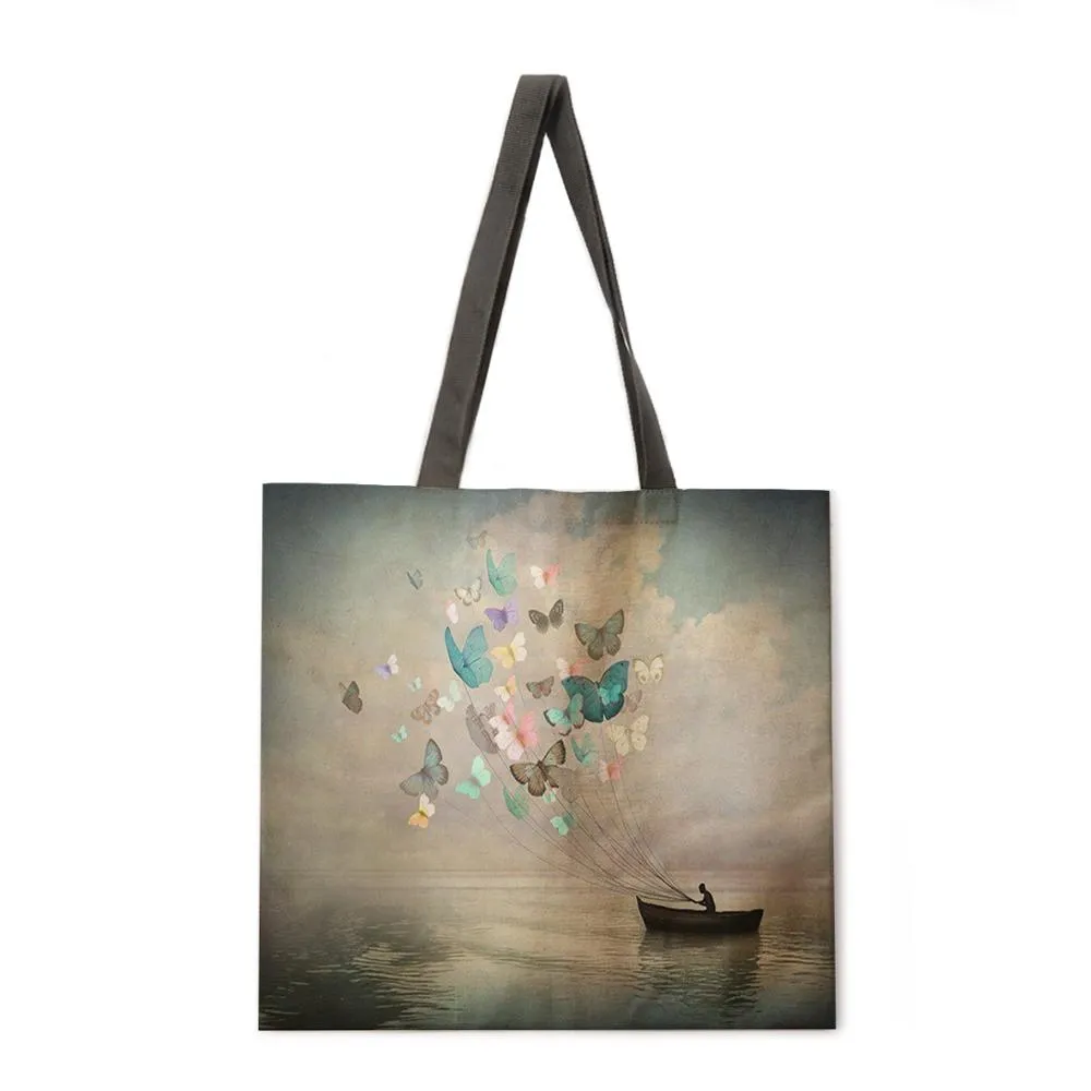Girl's Magic Flower Fantasy Linen Shopping Bag Ladies Shoulder Bag Foldable Shopping Bag Fashion Beach Bag Handbag