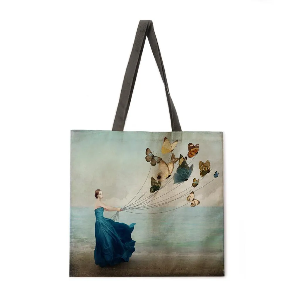 Girl's Magic Flower Fantasy Linen Shopping Bag Ladies Shoulder Bag Foldable Shopping Bag Fashion Beach Bag Handbag