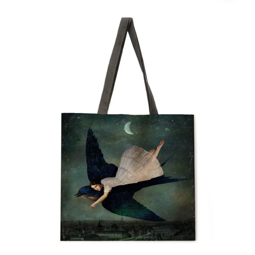 Girl's Magic Flower Fantasy Linen Shopping Bag Ladies Shoulder Bag Foldable Shopping Bag Fashion Beach Bag Handbag