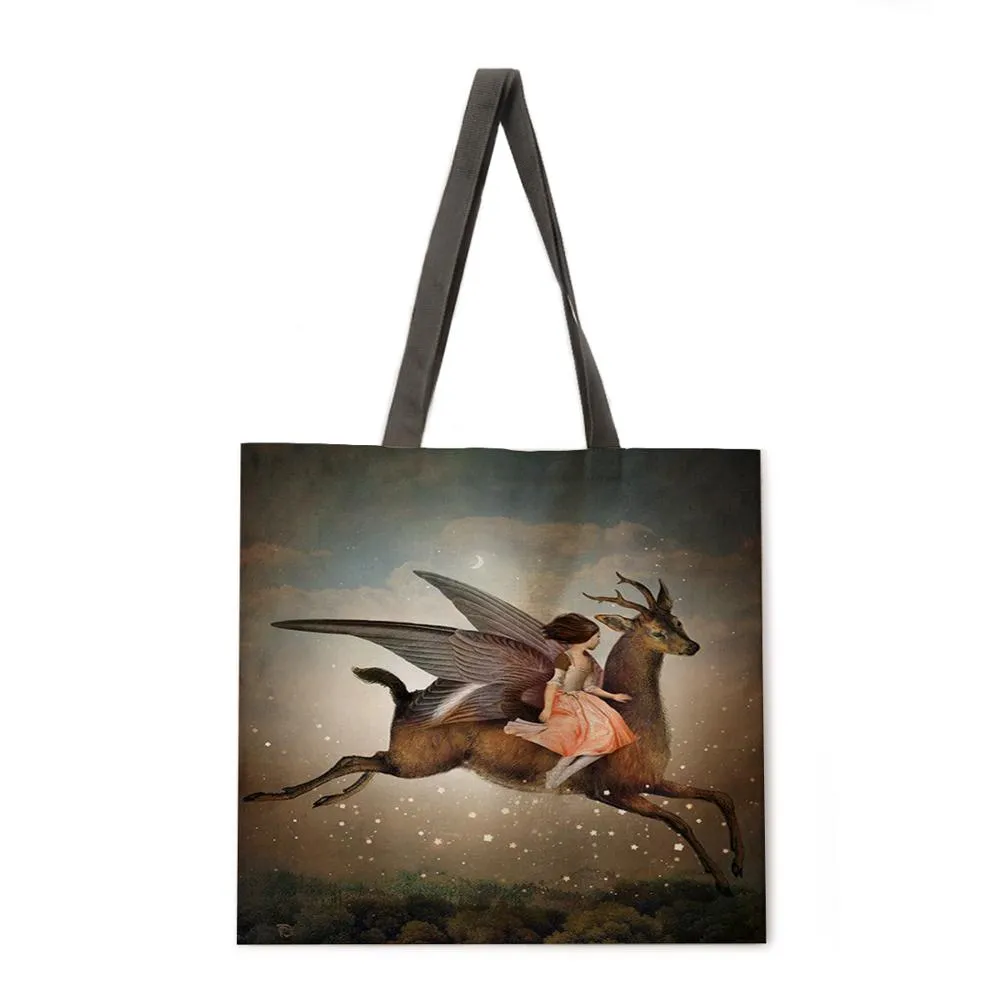 Girl's Magic Flower Fantasy Linen Shopping Bag Ladies Shoulder Bag Foldable Shopping Bag Fashion Beach Bag Handbag