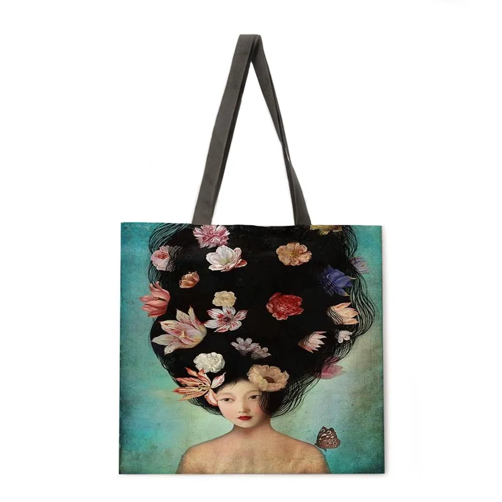 Girl's Magic Flower Fantasy Linen Shopping Bag Ladies Shoulder Bag Foldable Shopping Bag Fashion Beach Bag Handbag