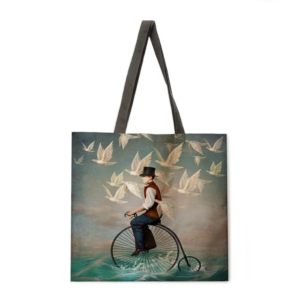 Girl's Magic Flower Fantasy Linen Shopping Bag Ladies Shoulder Bag Foldable Shopping Bag Fashion Beach Bag Handbag