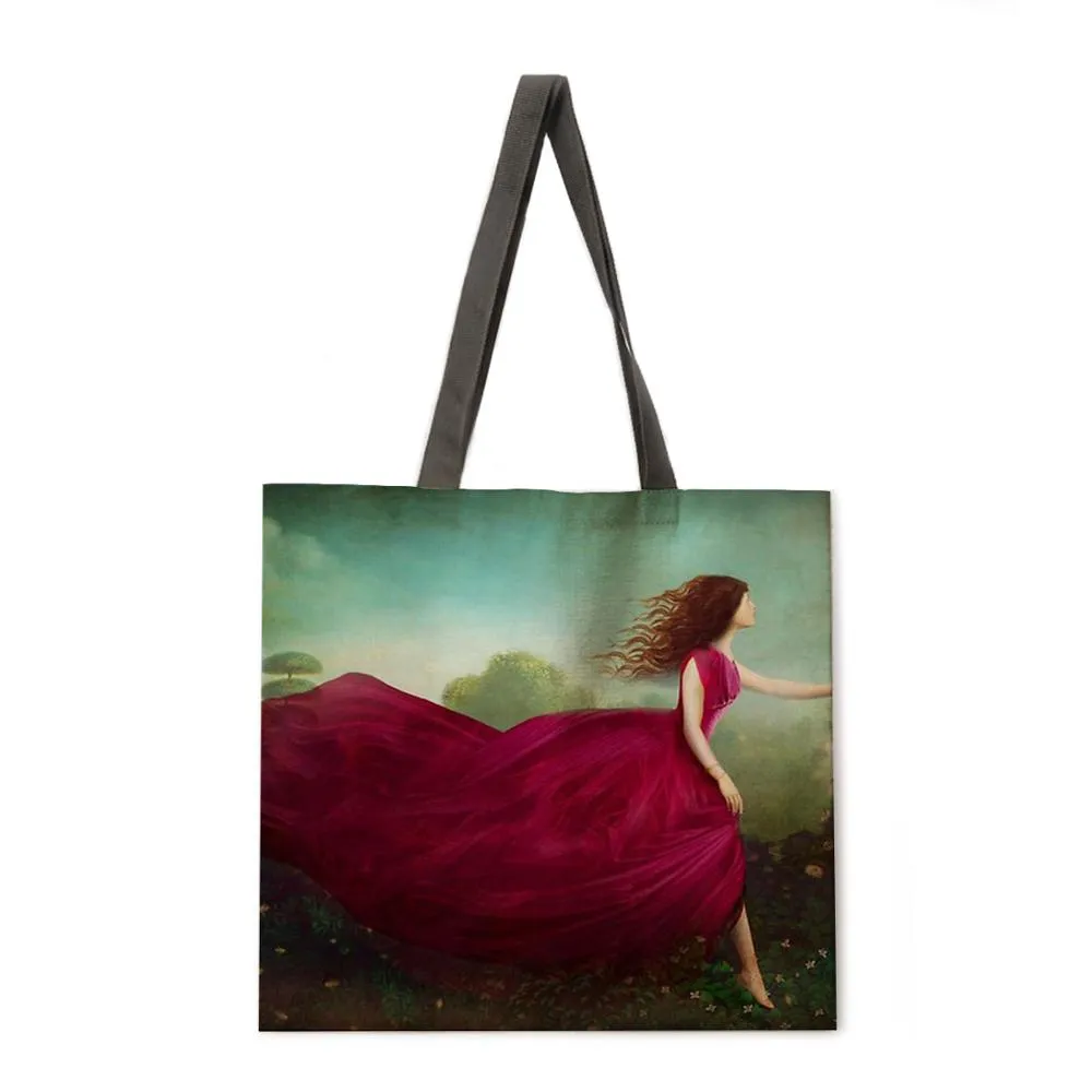 Girl's Magic Flower Fantasy Linen Shopping Bag Ladies Shoulder Bag Foldable Shopping Bag Fashion Beach Bag Handbag