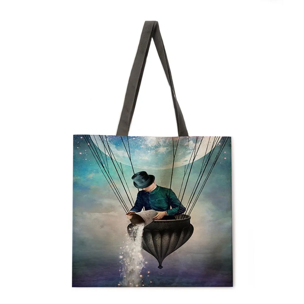 Girl's Magic Flower Fantasy Linen Shopping Bag Ladies Shoulder Bag Foldable Shopping Bag Fashion Beach Bag Handbag