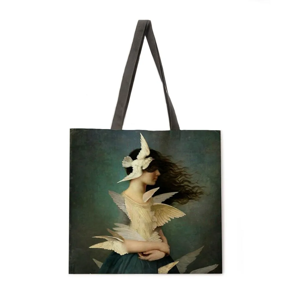 Girl's Magic Flower Fantasy Linen Shopping Bag Ladies Shoulder Bag Foldable Shopping Bag Fashion Beach Bag Handbag