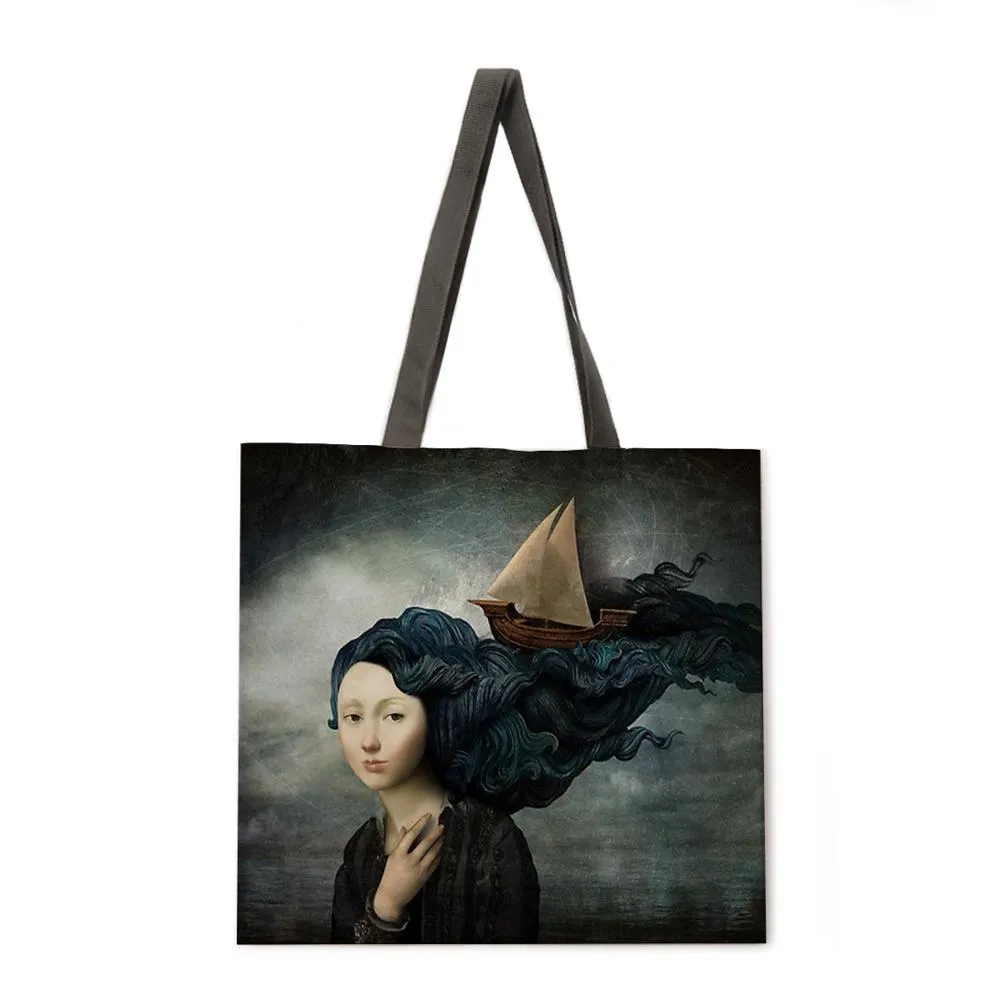 Girl's Magic Flower Fantasy Linen Shopping Bag Ladies Shoulder Bag Foldable Shopping Bag Fashion Beach Bag Handbag