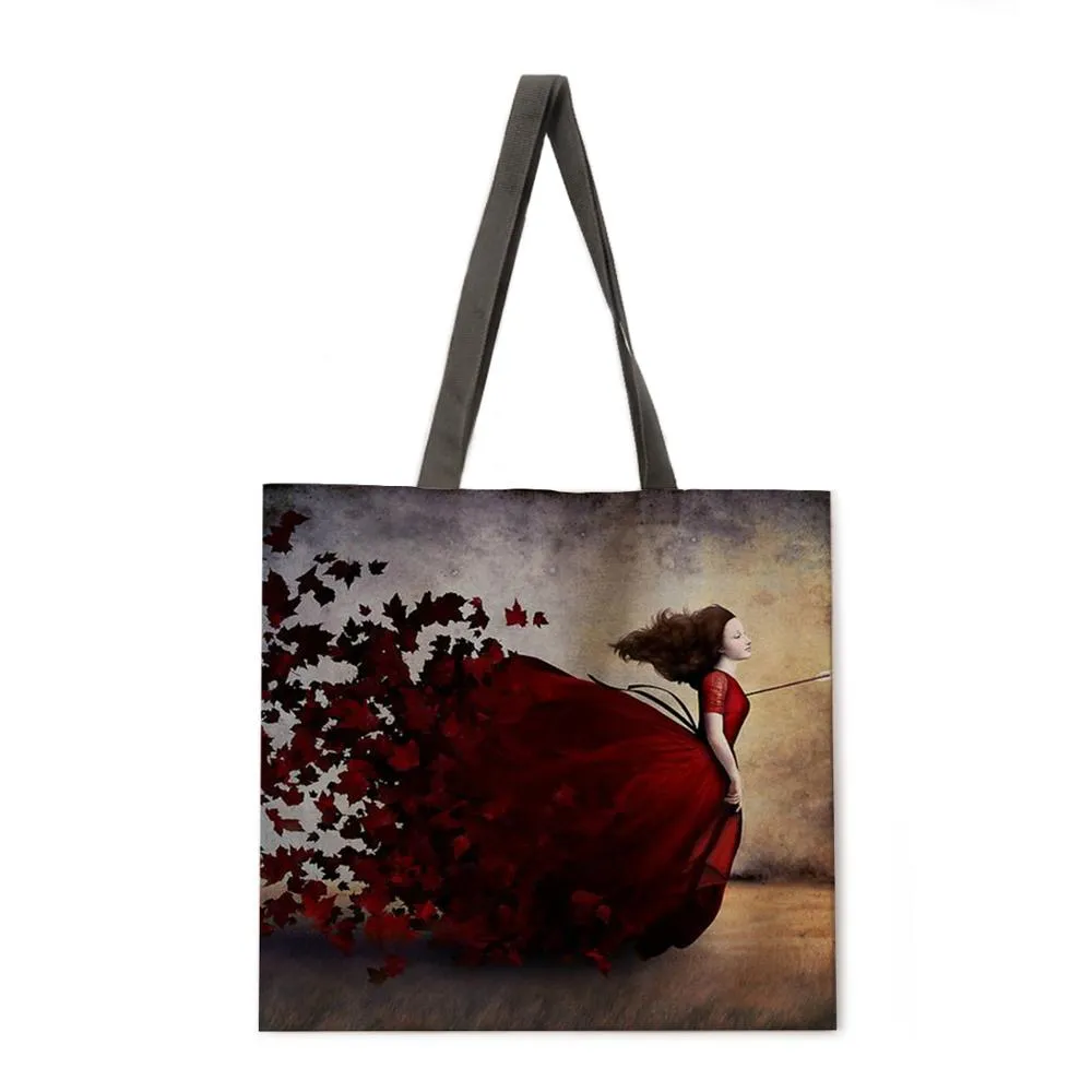 Girl's Magic Flower Fantasy Linen Shopping Bag Ladies Shoulder Bag Foldable Shopping Bag Fashion Beach Bag Handbag