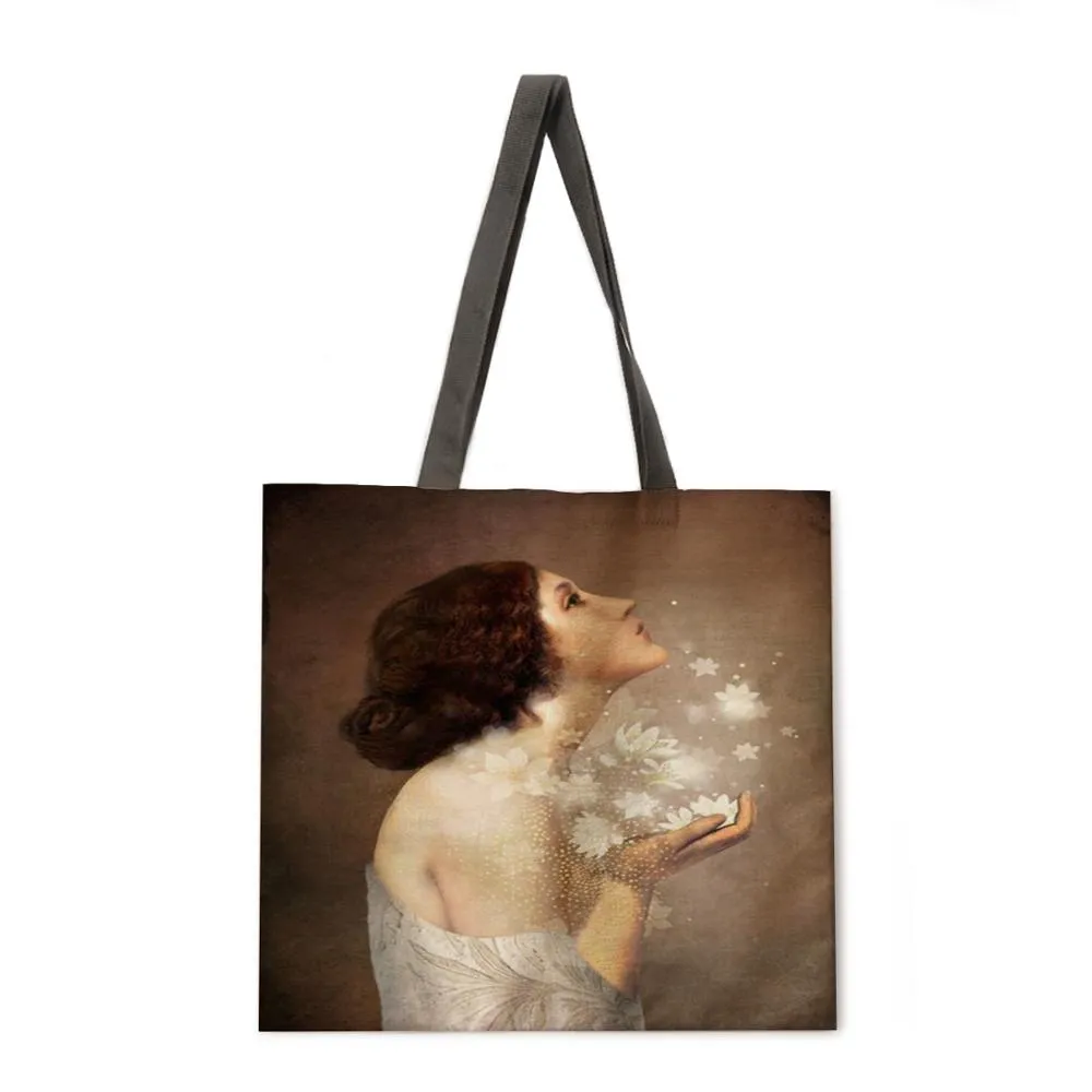 Girl's Magic Flower Fantasy Linen Shopping Bag Ladies Shoulder Bag Foldable Shopping Bag Fashion Beach Bag Handbag