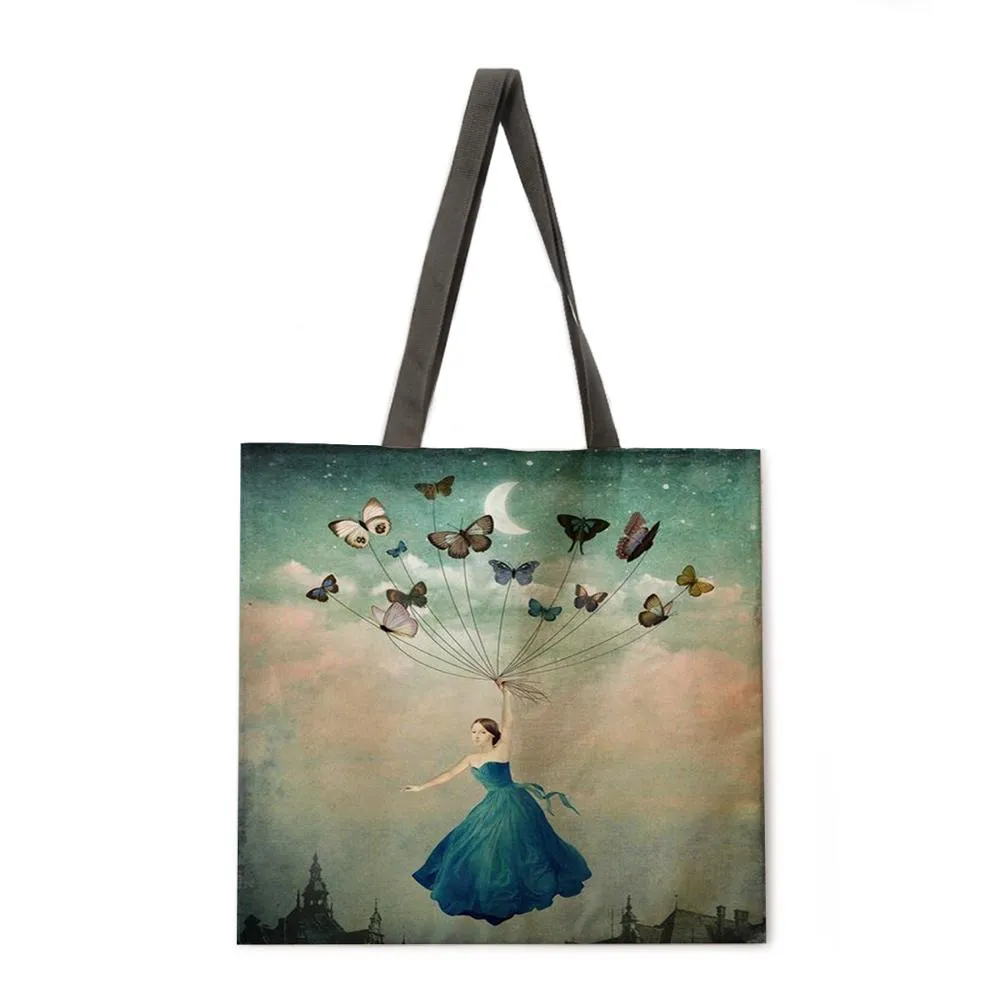 Girl's Magic Flower Fantasy Linen Shopping Bag Ladies Shoulder Bag Foldable Shopping Bag Fashion Beach Bag Handbag