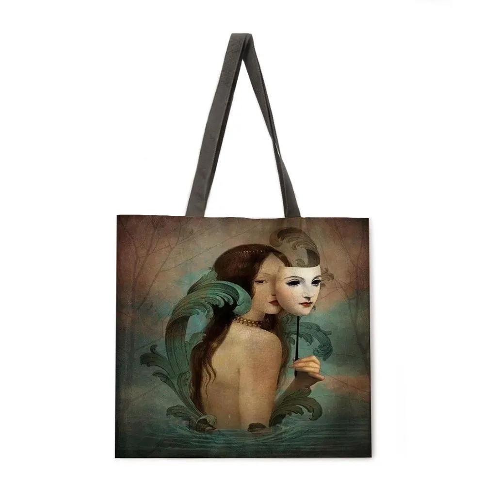 Girl's Magic Flower Fantasy Linen Shopping Bag Ladies Shoulder Bag Foldable Shopping Bag Fashion Beach Bag Handbag