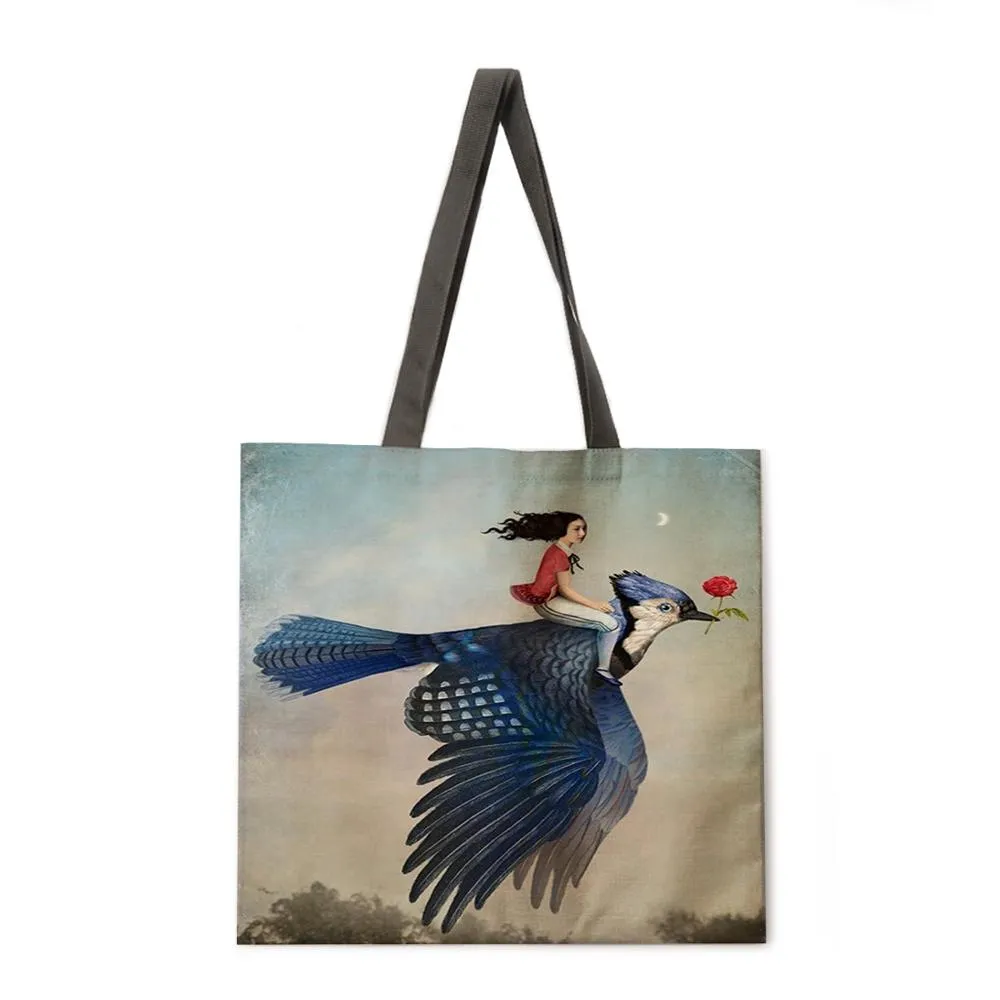 Girl's Magic Flower Fantasy Linen Shopping Bag Ladies Shoulder Bag Foldable Shopping Bag Fashion Beach Bag Handbag