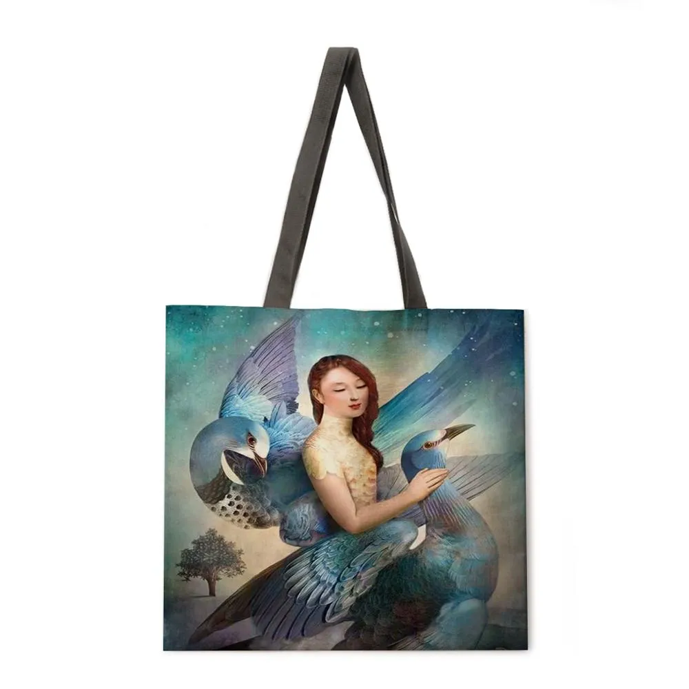 Girl's Magic Flower Fantasy Linen Shopping Bag Ladies Shoulder Bag Foldable Shopping Bag Fashion Beach Bag Handbag
