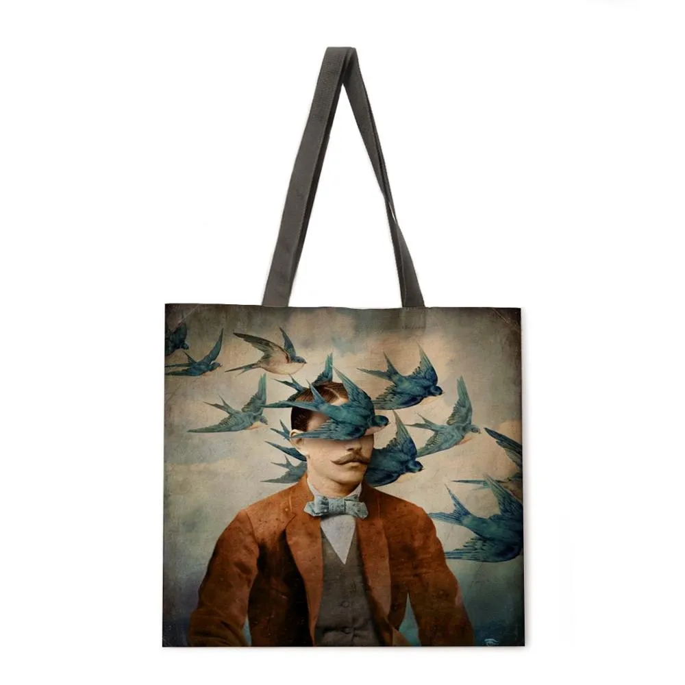 Girl's Magic Flower Fantasy Linen Shopping Bag Ladies Shoulder Bag Foldable Shopping Bag Fashion Beach Bag Handbag