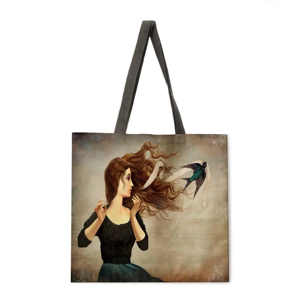Girl's Magic Flower Fantasy Linen Shopping Bag Ladies Shoulder Bag Foldable Shopping Bag Fashion Beach Bag Handbag