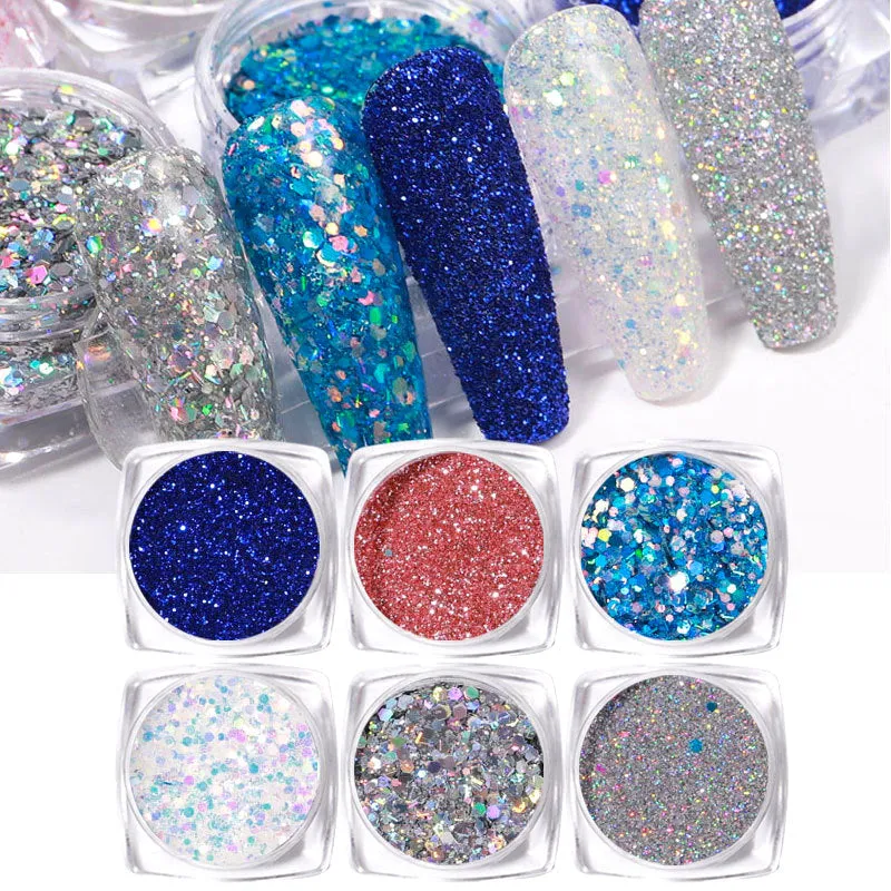 Glitter Laser Flakes Nail Art - Set 6pcs Jar