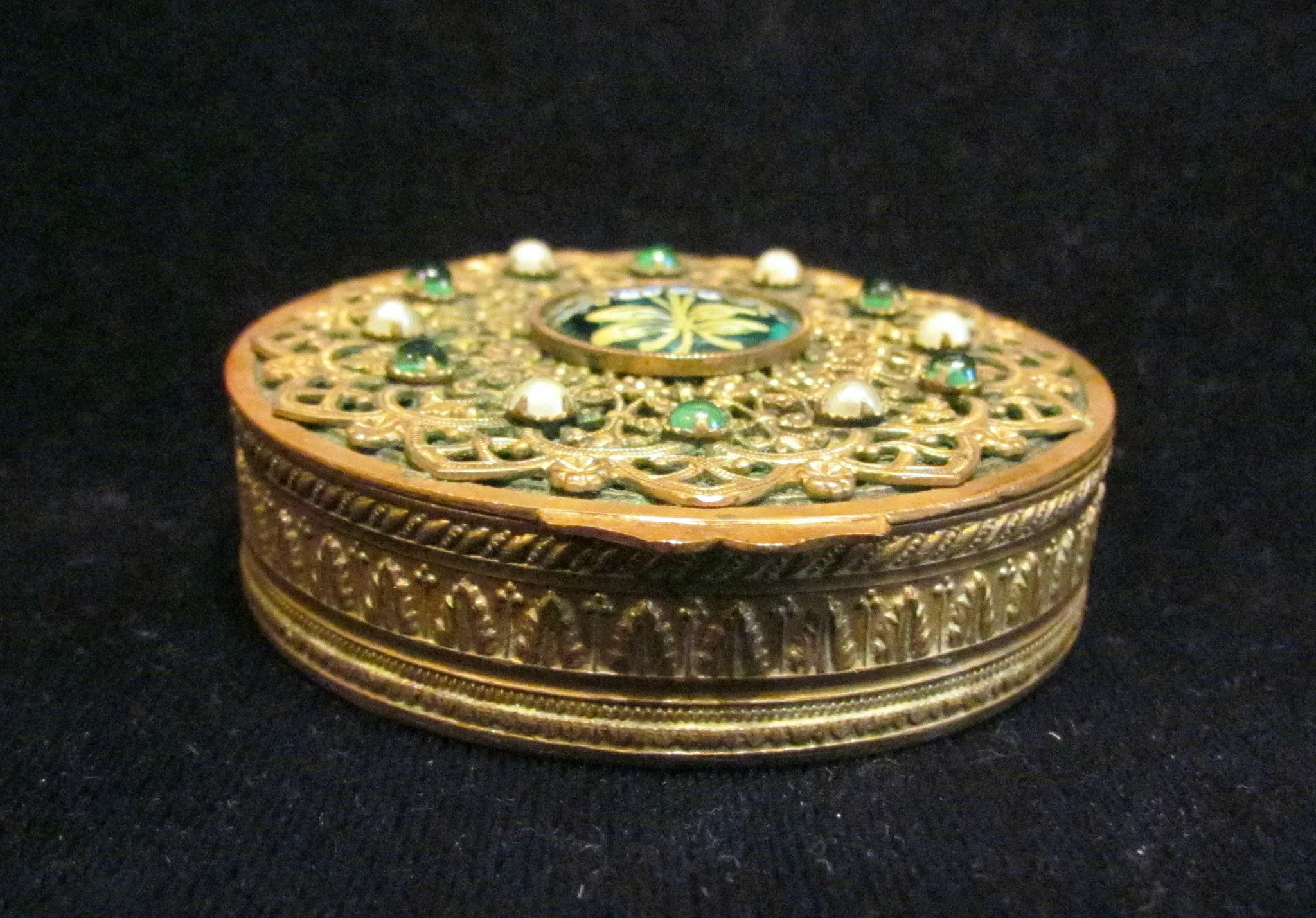 Gold Filigree Compact Set French Guilloche Enamel White Pearls Green Stones Antique Powder Boxes 1800's