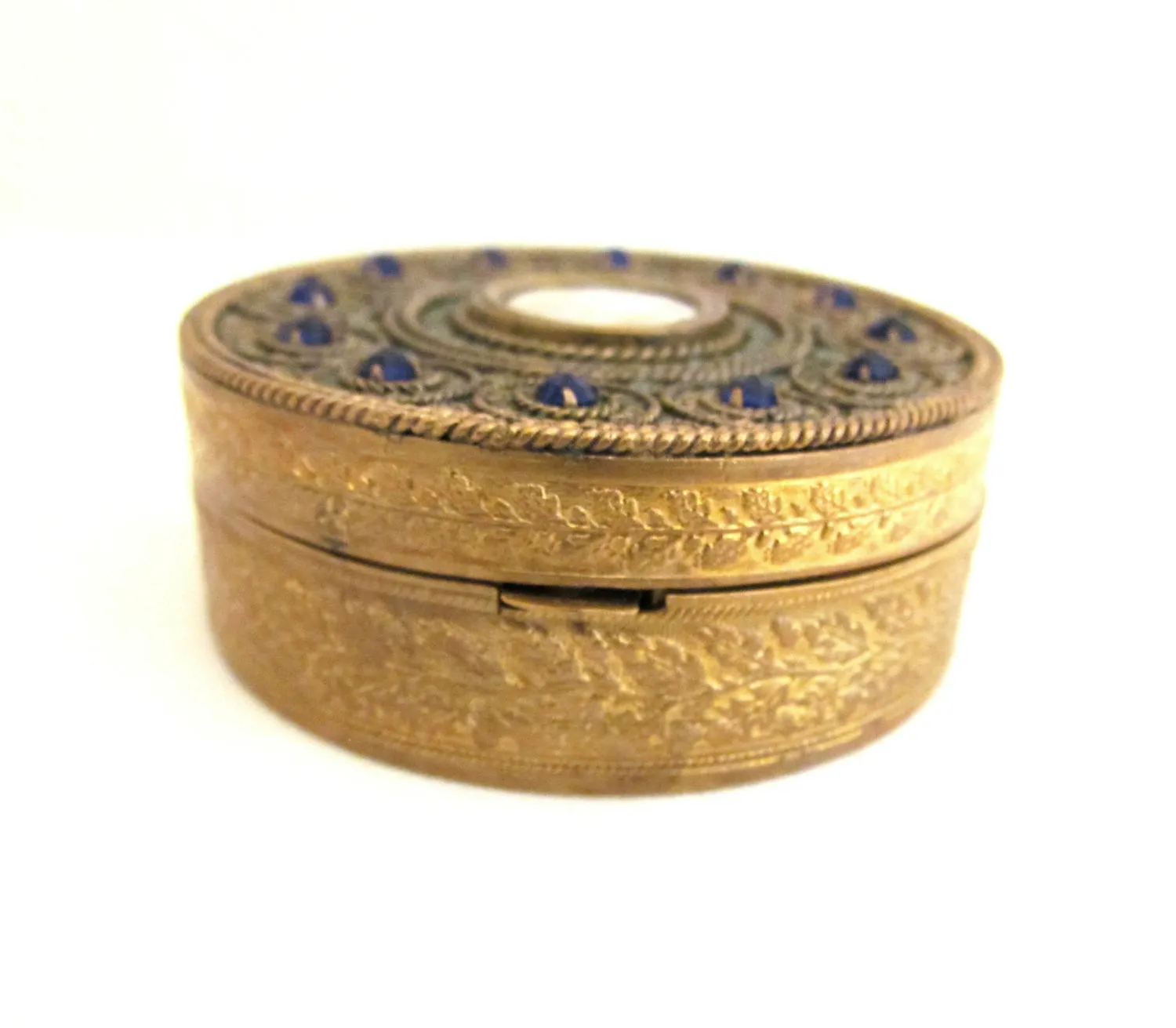 Gold French Compact Mother Of Pearl Blue Stones 1800s Antique Powder Rouge Compact RARE