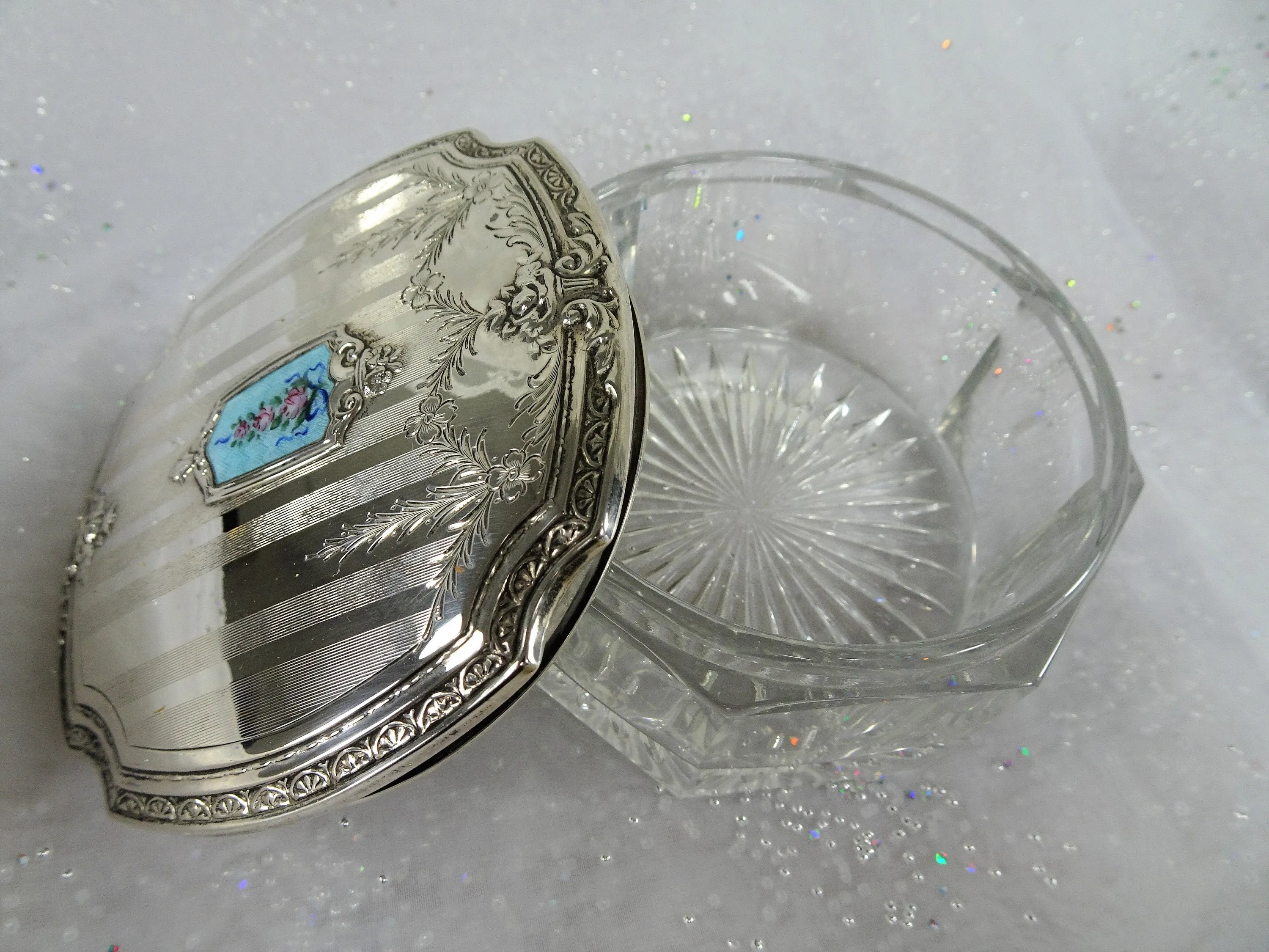 GORGEOUS Antique Dresser Jar,Sterling Silver,Enamel Top,Cut Glass,Vanity Dresser Cosmetic Jar,Beyond FABULOUS Decorative Boudoir Collectible