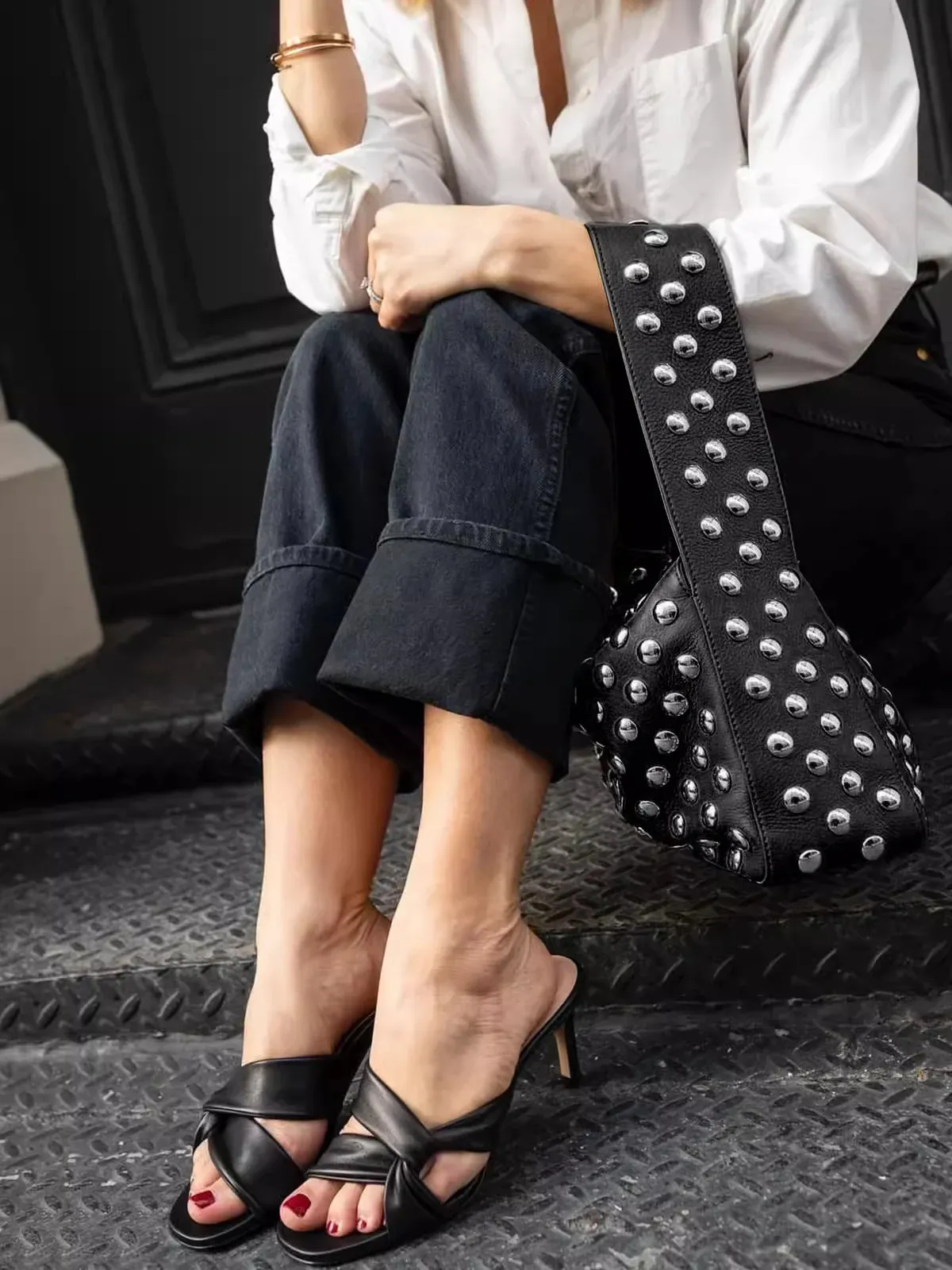 Got It Secured Black Studded Handbag