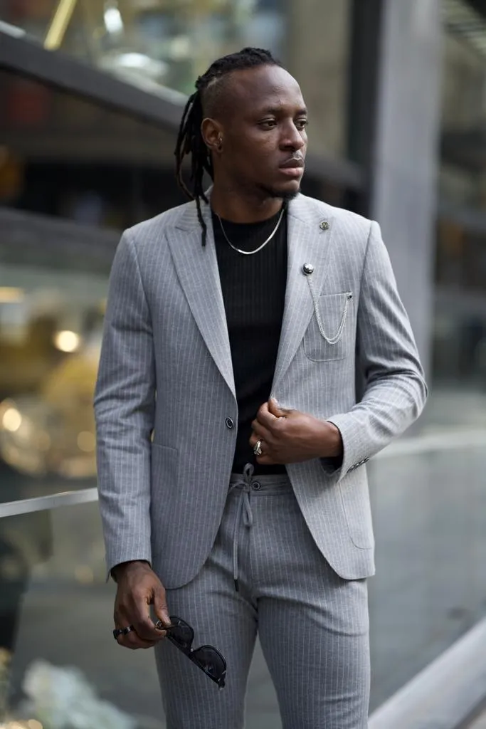 Gray 2 Piece Groom Wedding Pinstripe Suit for Men | GentWith