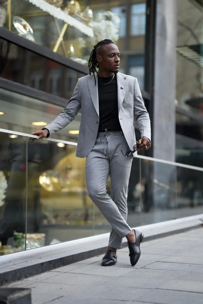 Gray 2 Piece Groom Wedding Pinstripe Suit for Men | GentWith