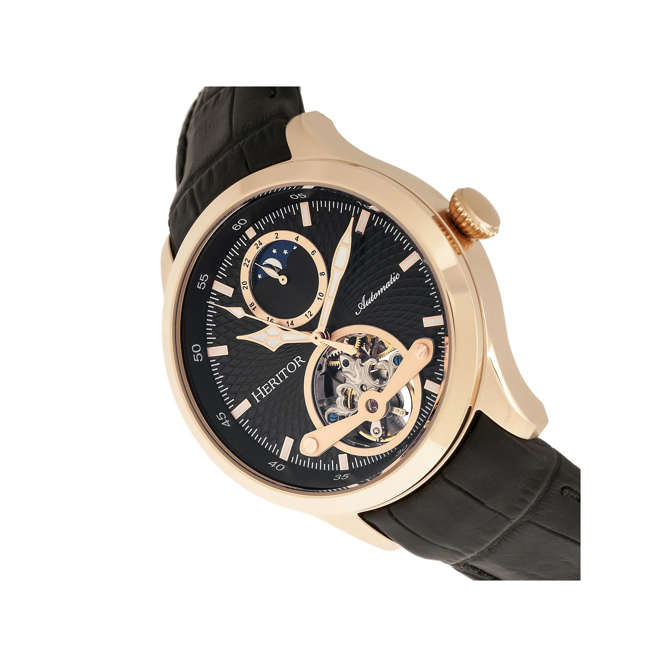 Heritor Automatic Gregory Semi-Skeleton Leather-Band Watch - Rose Gold/Black
