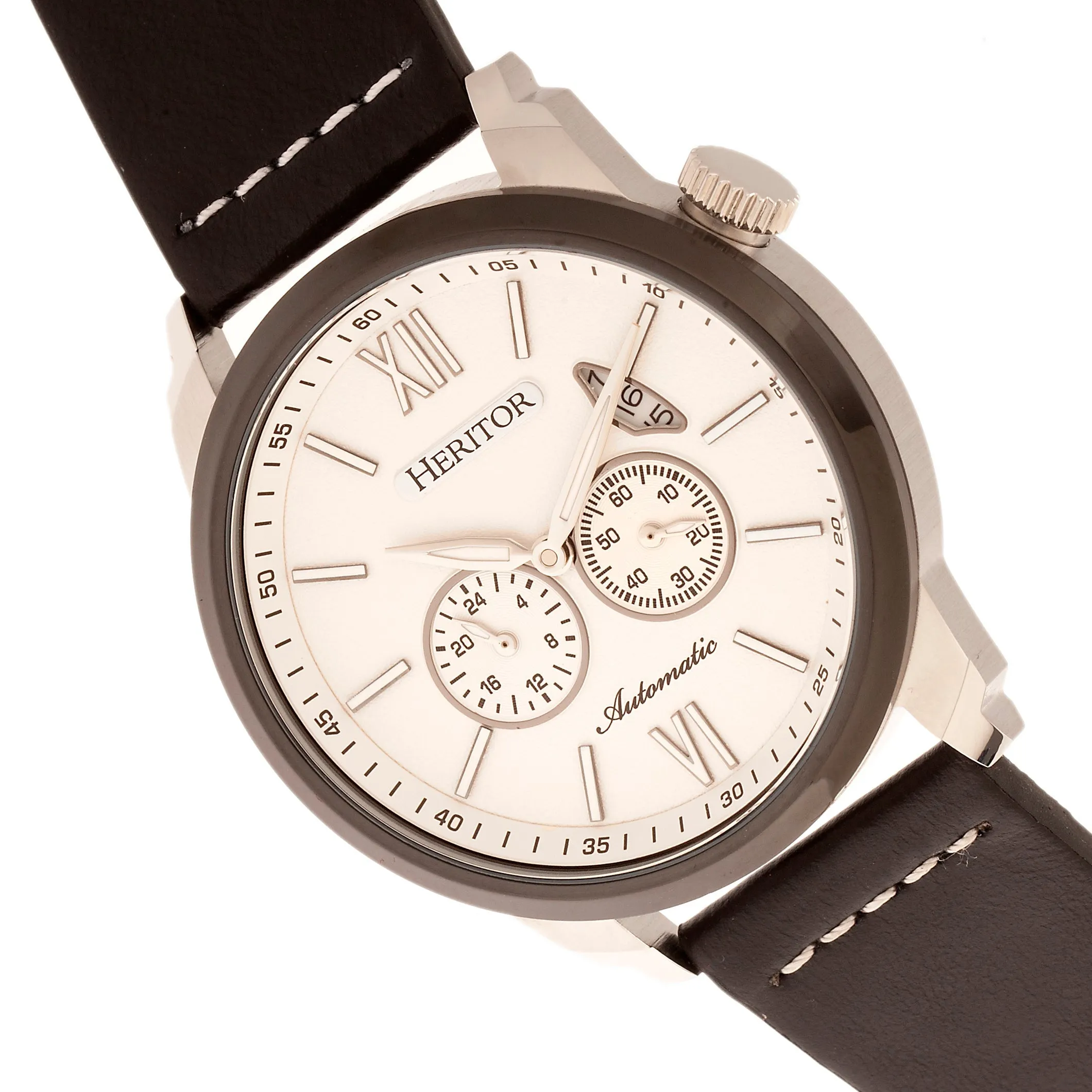 Heritor Automatic Wellington Leather-Band Watch - Black/White