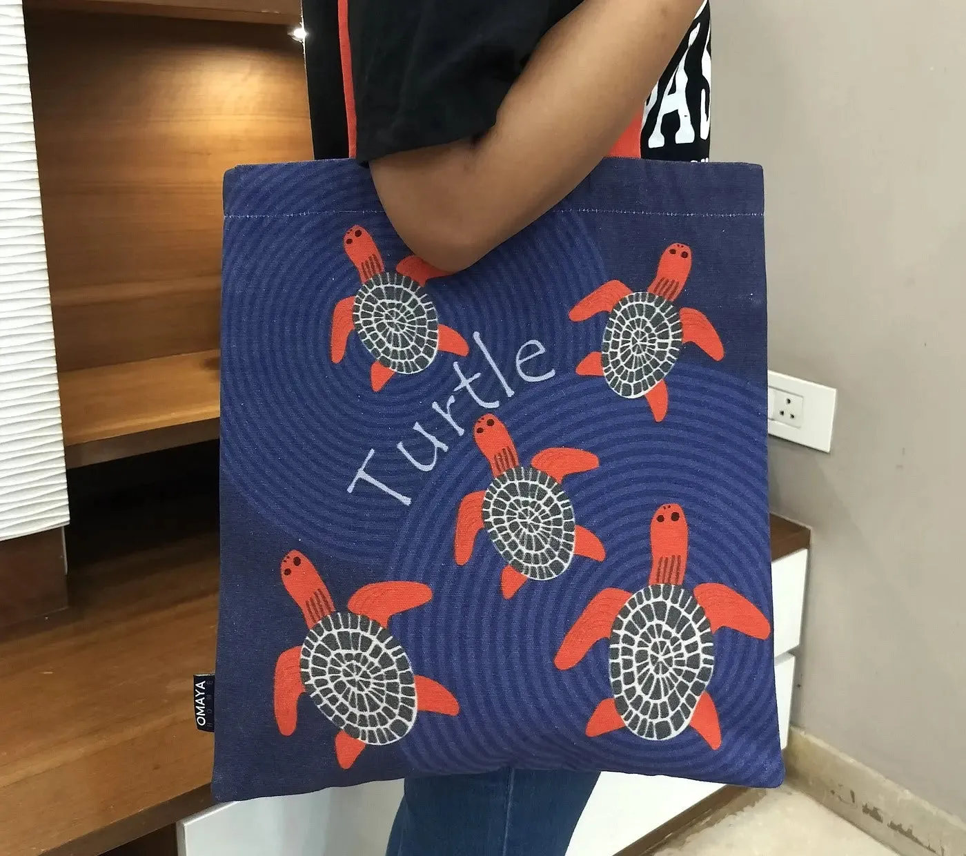 House of Omaya Printed Baby Red Turtle Cotton Canvas Tote Bag (Size 34x36 Cms.)