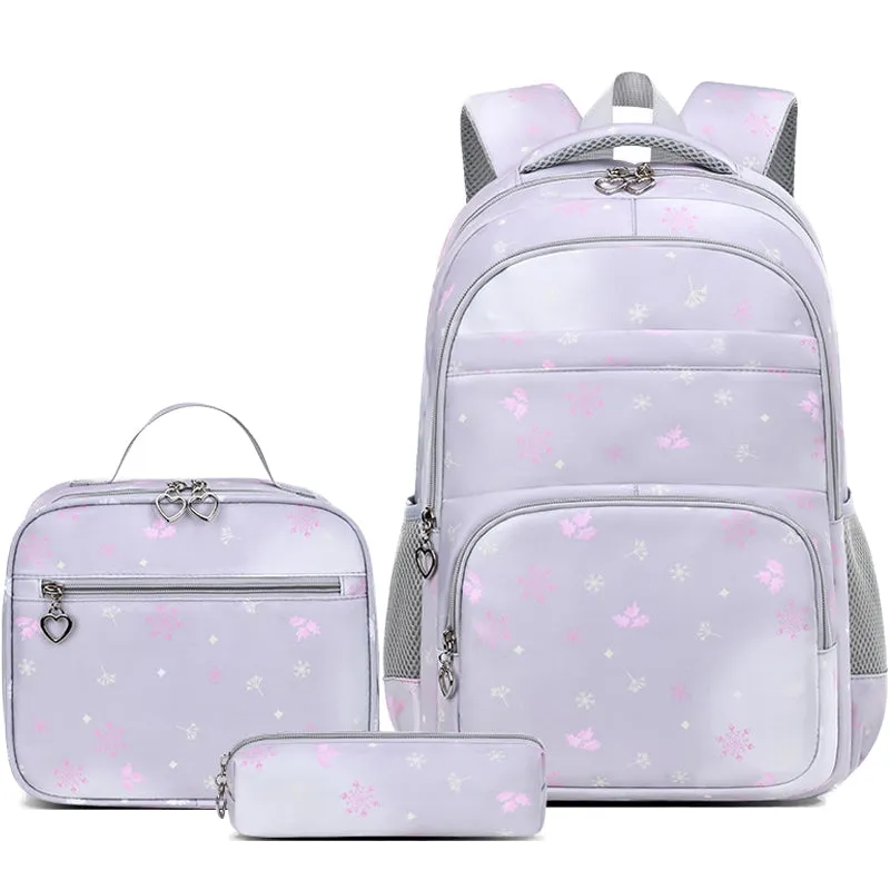 Kids Backpack With Lunch Box School Backpacks - Black Purple Pink Book Bags For Boys Girls Campus Backpack Set Snowflake Pattern BookBag