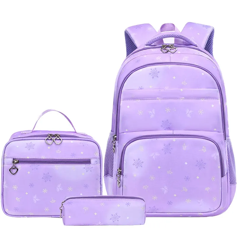 Kids Backpack With Lunch Box School Backpacks - Black Purple Pink Book Bags For Boys Girls Campus Backpack Set Snowflake Pattern BookBag