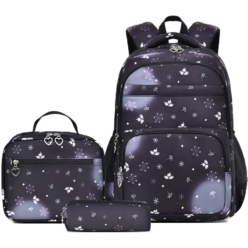 Kids Backpack With Lunch Box School Backpacks - Black Purple Pink Book Bags For Boys Girls Campus Backpack Set Snowflake Pattern BookBag