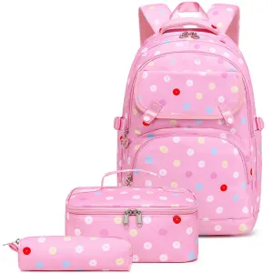 Kids Backpack With Lunch Box School Backpacks - Black Purple Pink Book Bags For Boys Girls Polka Dot Multifunction