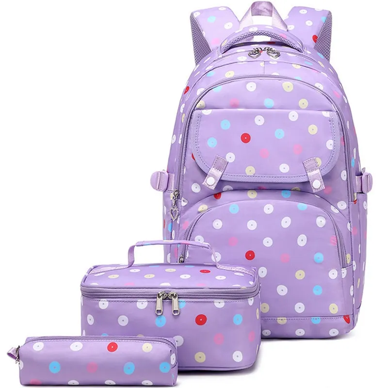 Kids Backpack With Lunch Box School Backpacks - Black Purple Pink Book Bags For Boys Girls Polka Dot Multifunction