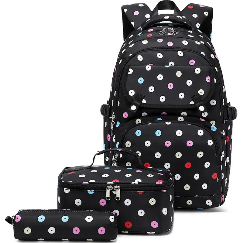 Kids Backpack With Lunch Box School Backpacks - Black Purple Pink Book Bags For Boys Girls Polka Dot Multifunction