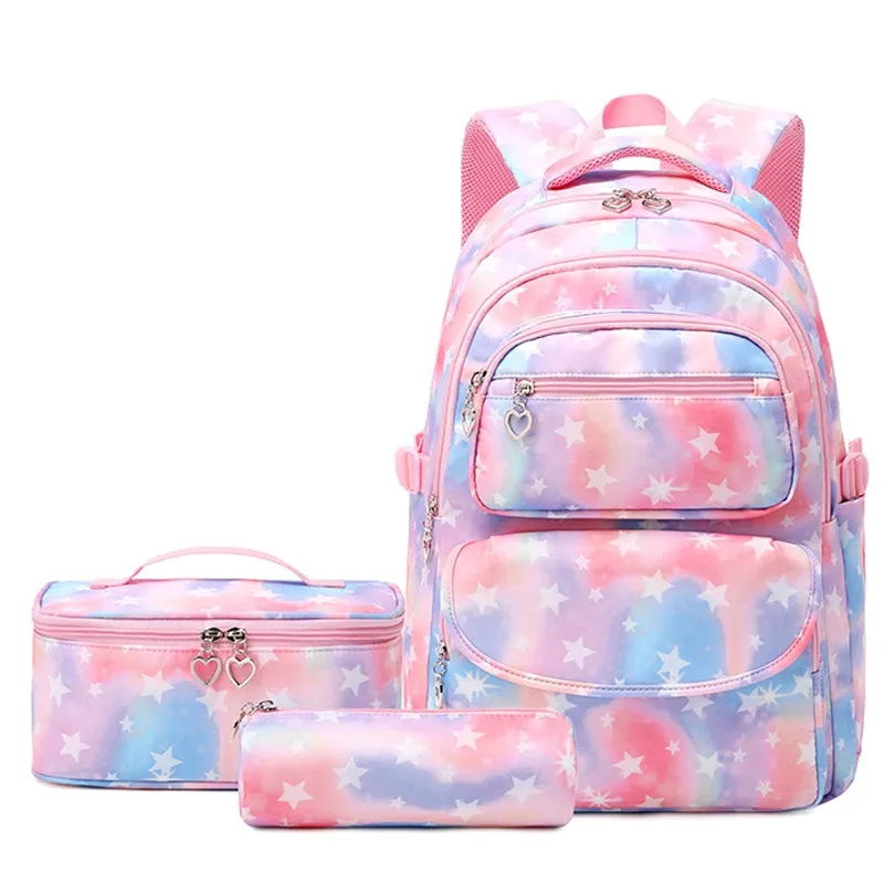 Kids Backpack With Lunch Box School Backpacks - Black Purple Pink Book Bags For Girls Star Large Capacity With Lunch Bag