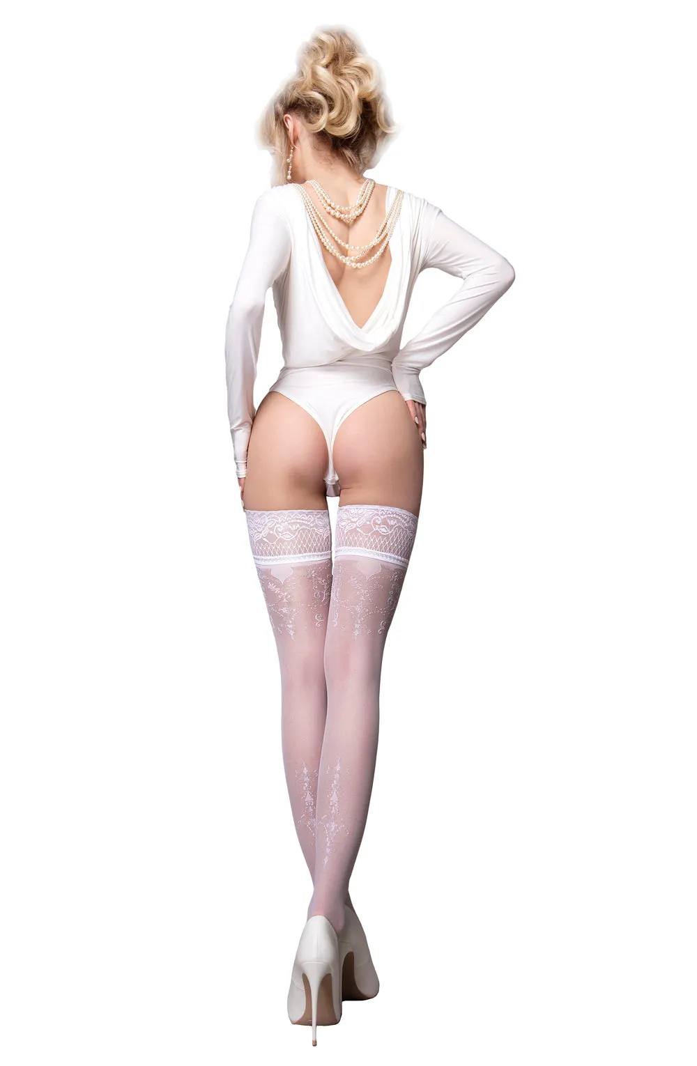 Ladies Beautiful White Curls Back Details Florals Lace Top Bridal Hold Ups